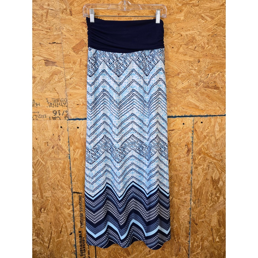 New Directions Womens M Maxi Skirt Chevron Blue White Navy